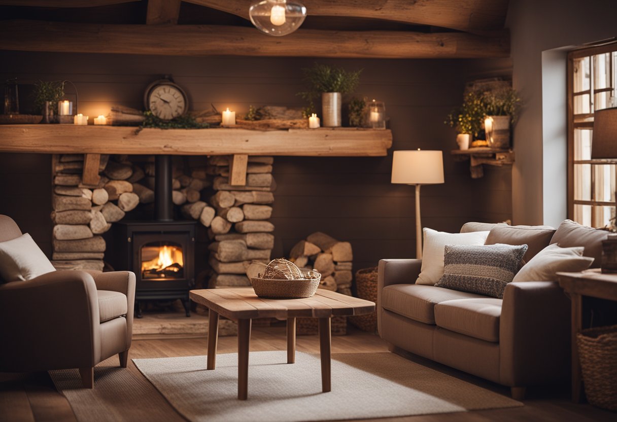 A cozy cottage interior with a crackling fireplace, rustic wooden furniture, and soft, warm lighting