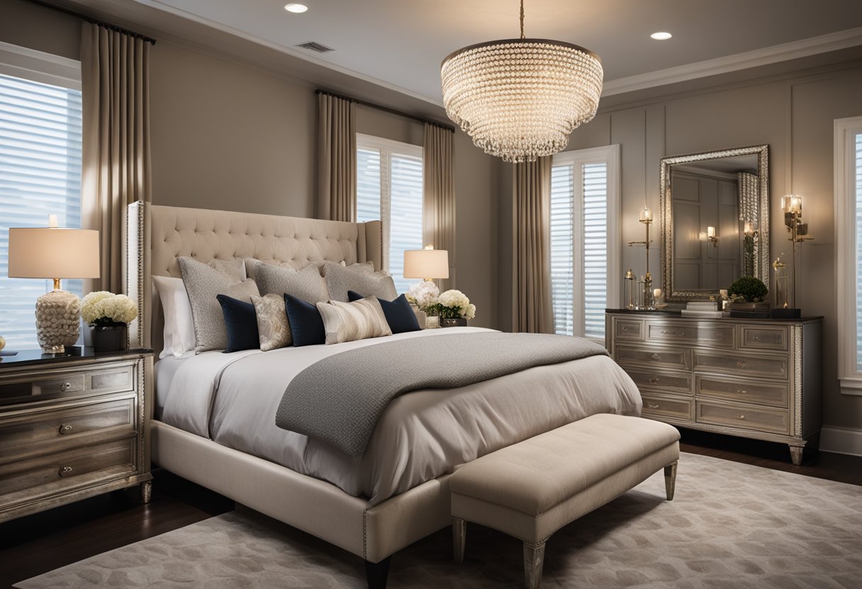 The master bedroom features a plush king-sized bed with a tufted headboard, luxurious bedding, and elegant bedside tables. A statement chandelier hangs from the ceiling, casting a warm glow over the room