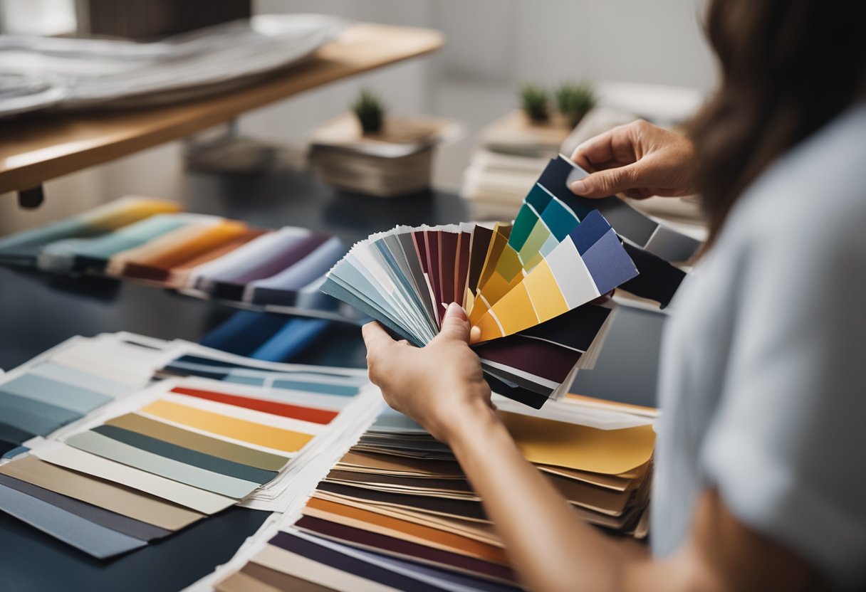 An interior designer presents fabric swatches and paint samples to a client, discussing color palettes and textures for a room redesign