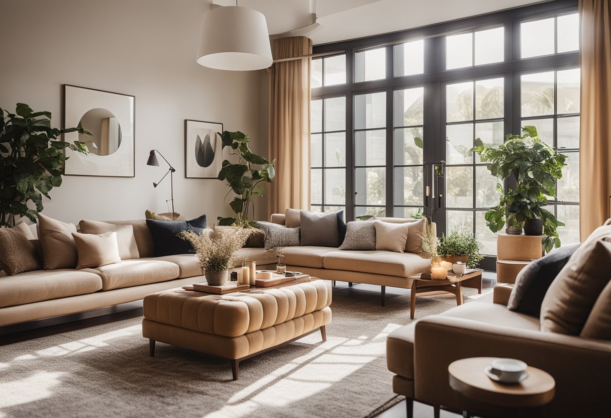 A cozy living room with a plush sofa, elegant coffee table, and soft area rug. Sunlight streams in through large windows, illuminating the room's warm color palette and stylish decor