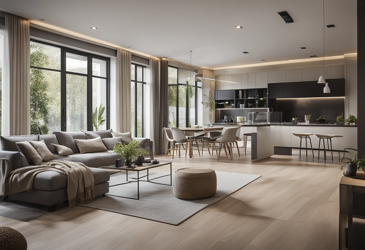 A spacious 100 sqm house interior with modern furniture, neutral color scheme, large windows, and open floor plan