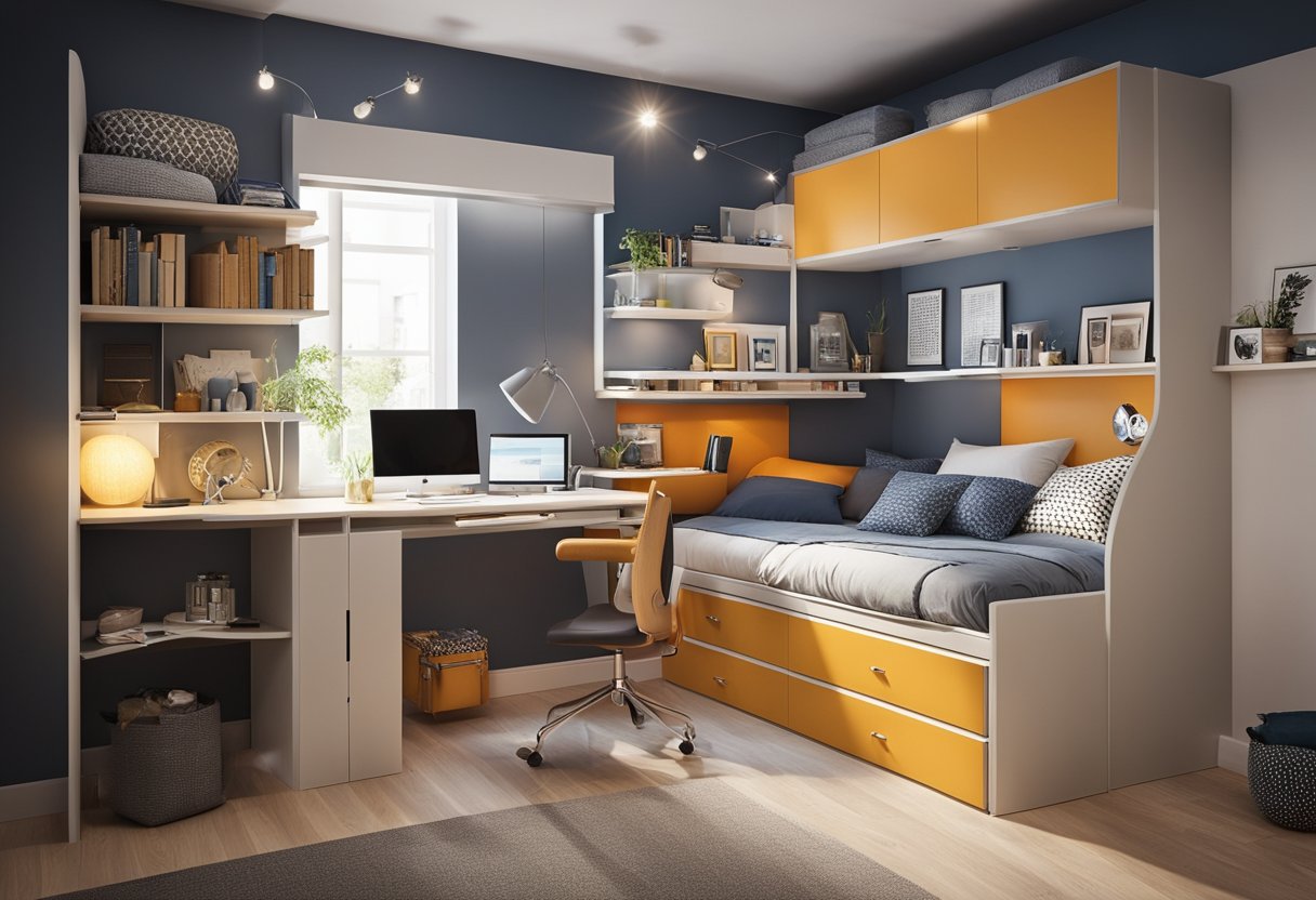 A compact teenage bedroom with clever storage solutions and space-saving furniture. A loft bed with built-in drawers, a wall-mounted desk, and floating shelves