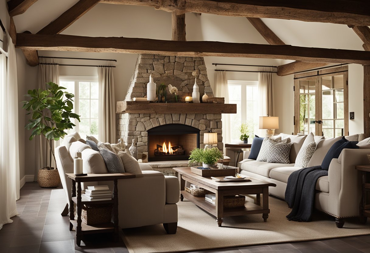 A cozy living room with a stone fireplace, wooden beams on the ceiling, and comfortable furniture arranged around a coffee table. Warm lighting and decorative accents give the space a welcoming and rustic feel
