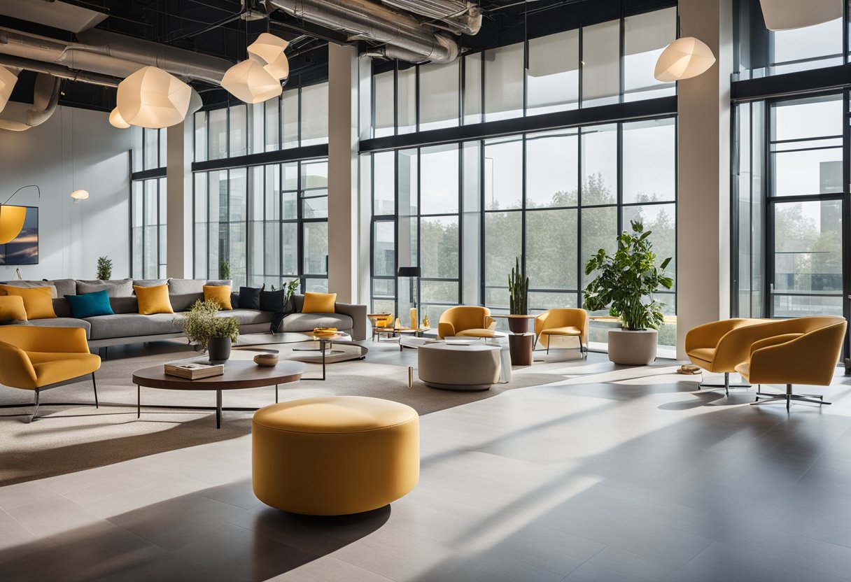 A modern, spacious interior with vibrant accents and sleek furniture. Natural light pours in from large windows, illuminating the open floor plan and highlighting the university's signature color scheme