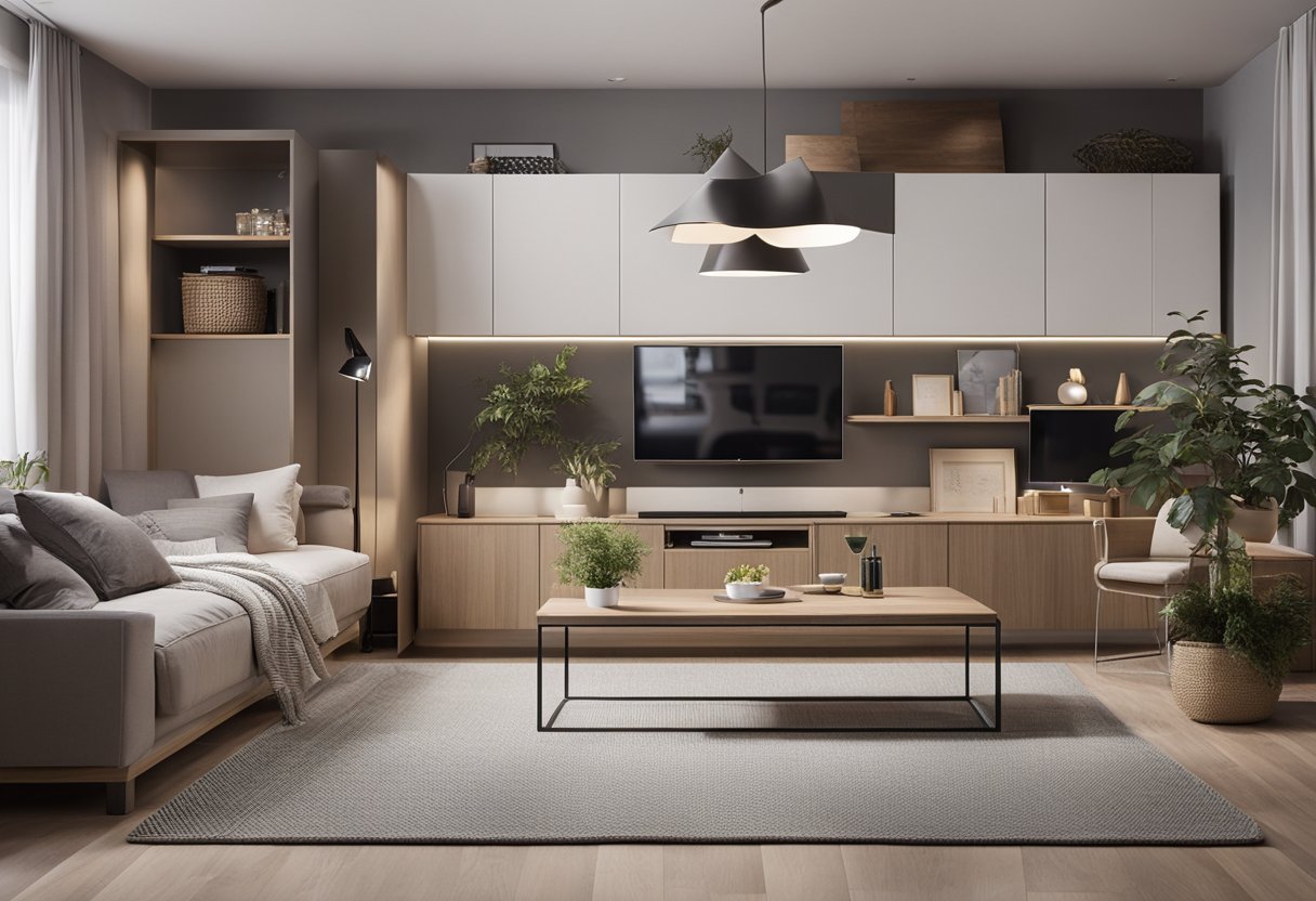 A 100 square meter home with clever storage solutions, multi-functional furniture, and minimalist decor to maximize space and create a spacious and organized interior