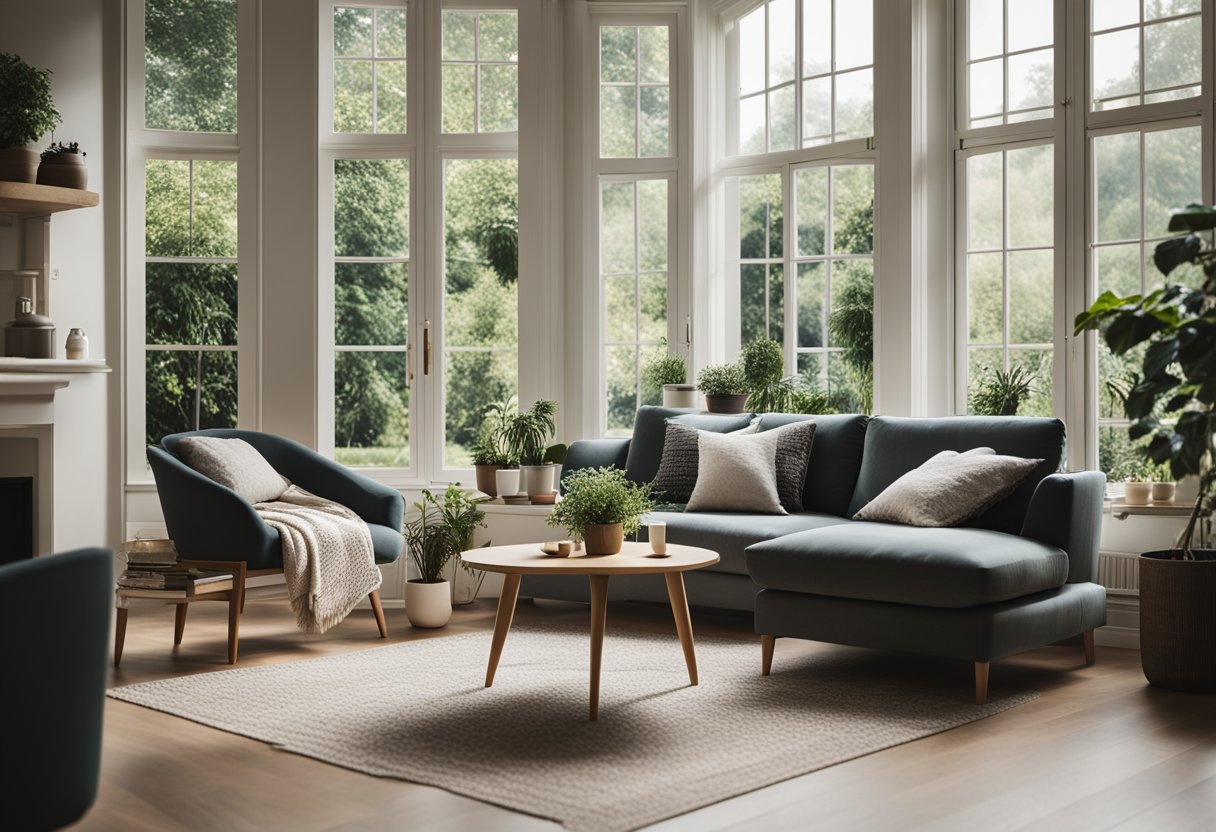 A modern living room with a cozy sofa, stylish coffee table, and a large window overlooking a peaceful garden