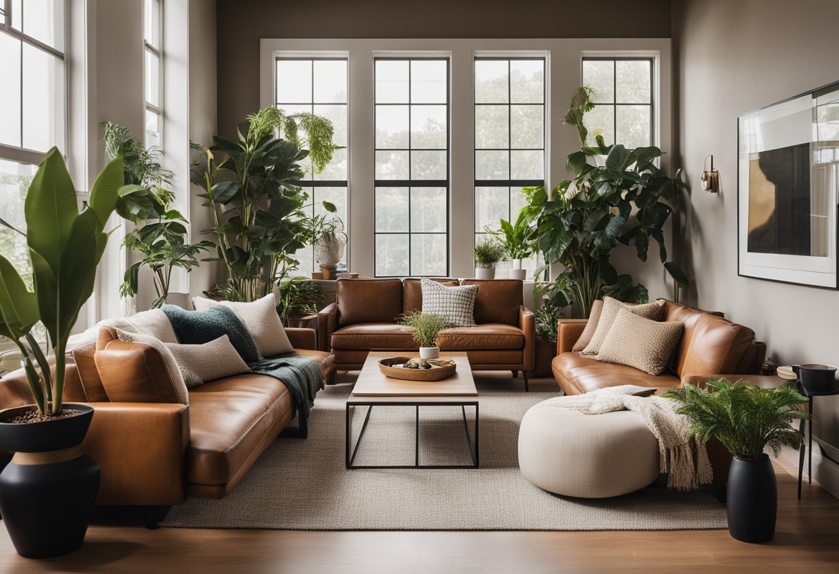 A cozy living room with a mix of modern and vintage furniture, warm earthy tones, and personalized decor. A large window brings in natural light, while indoor plants add a touch of greenery