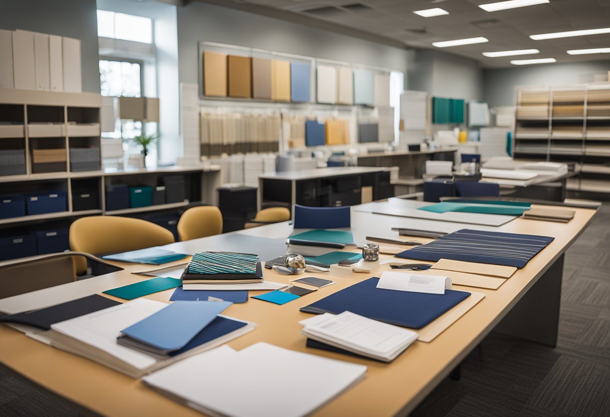 The interior design studio at the University of Florida showcases a variety of academic programmes and curriculum materials, including drafting tables, mood boards, and fabric samples