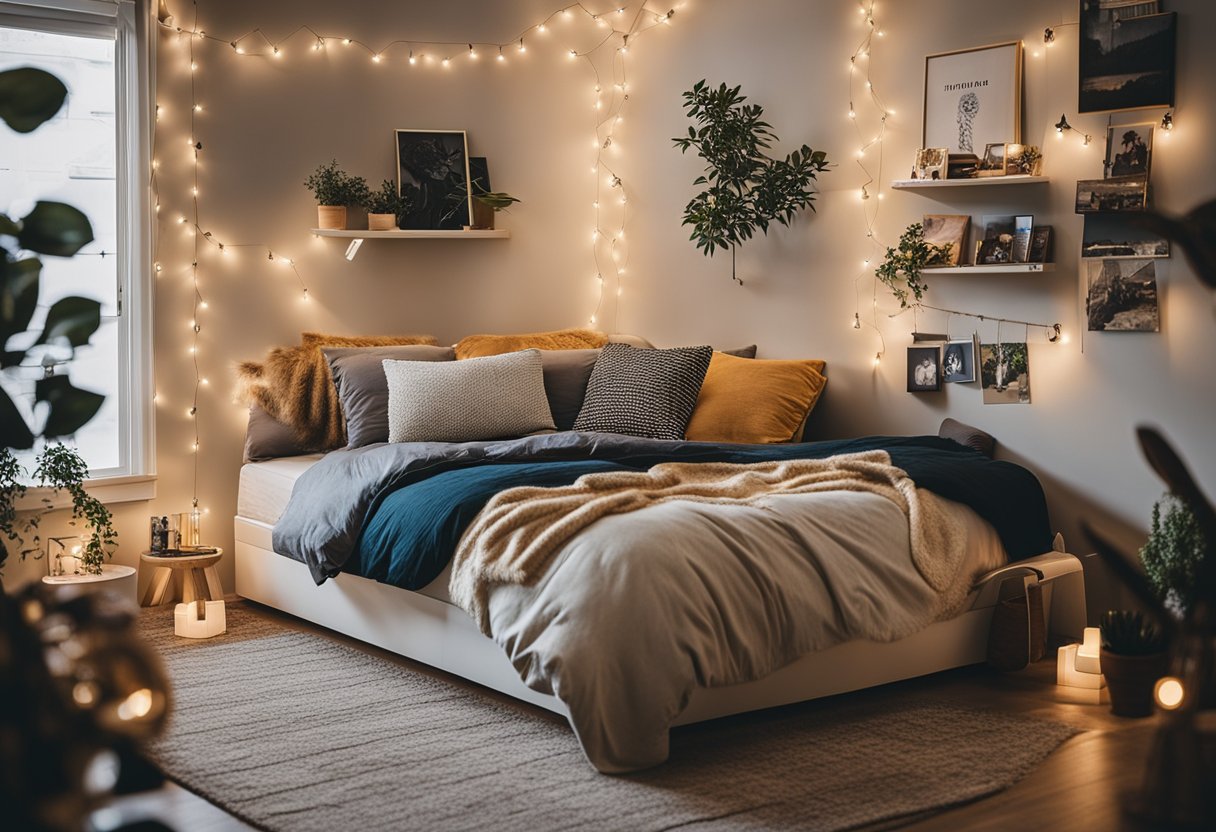 A cozy loft bed with a built-in desk and storage underneath. A hanging chair in the corner, string lights, and a gallery wall of photos and artwork