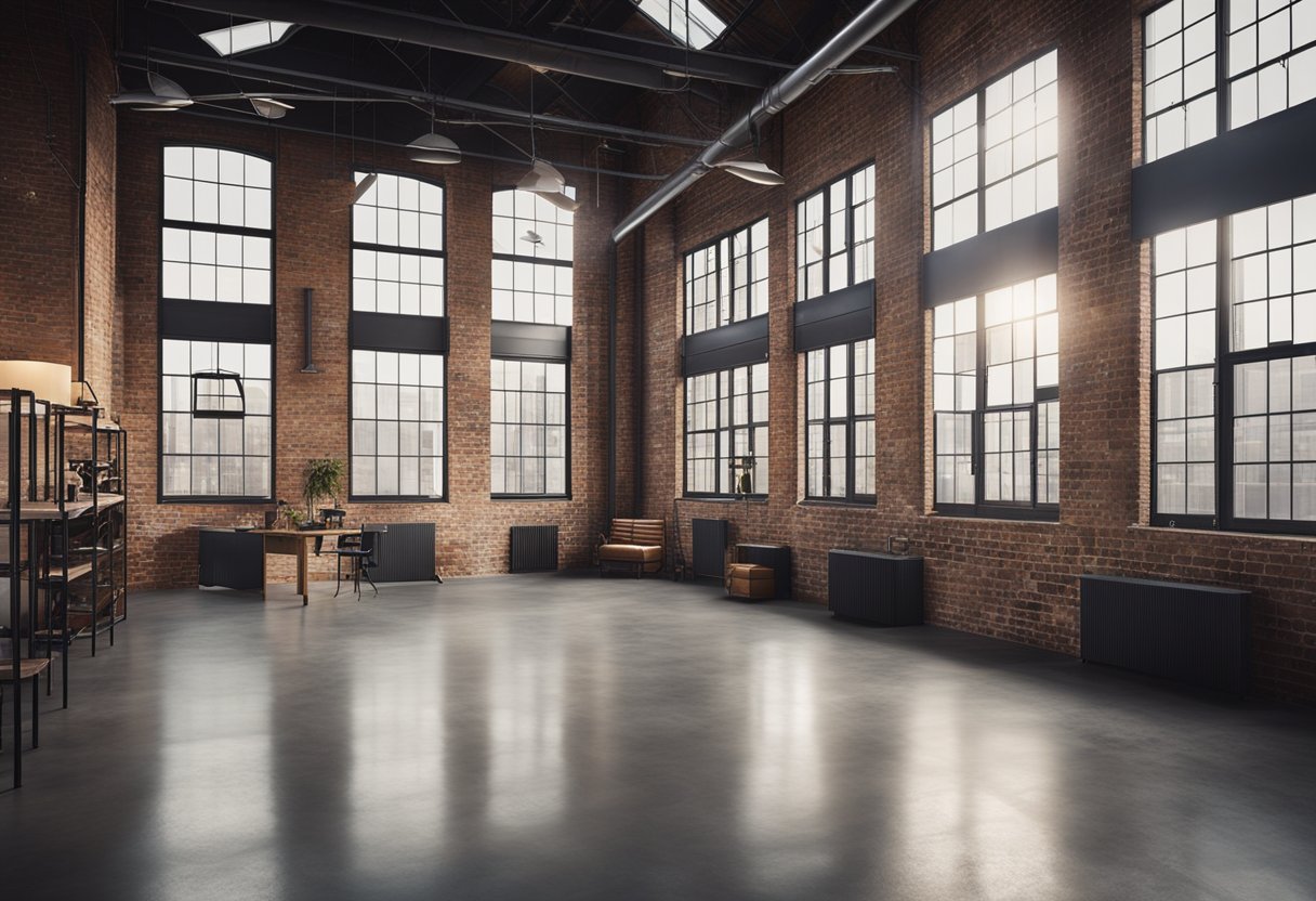 A spacious loft with exposed brick walls, metal piping, and polished concrete floors. Large industrial-style windows flood the space with natural light, highlighting the mix of modern and vintage furniture