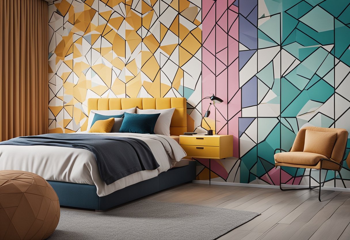 A bedroom wall adorned with modern geometric patterns in vibrant colors
