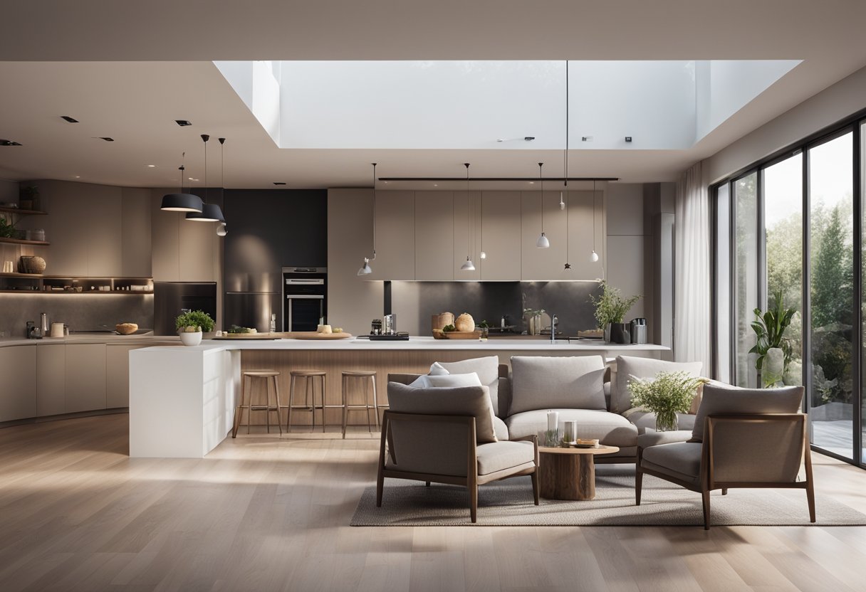 A spacious 100 square meter house interior with modern furniture, large windows, and a neutral color palette. The open floor plan seamlessly connects the living, dining, and kitchen areas, creating a welcoming and functional space