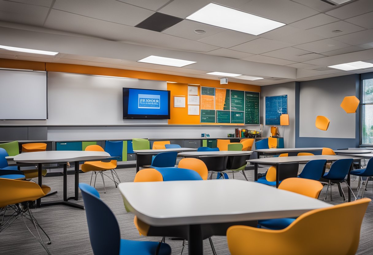 A modern classroom with sleek furniture and vibrant accent colors, showcasing the integration of design philosophy and practical application at the University of Florida's interior design program