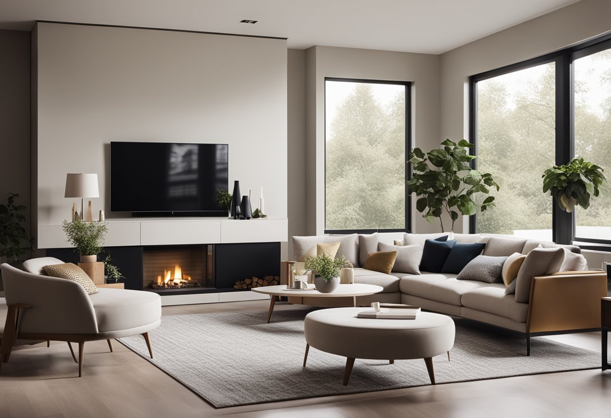 A modern living room with sleek furniture, neutral color palette, and geometric patterns. Large windows let in natural light, and a minimalist fireplace adds a touch of warmth