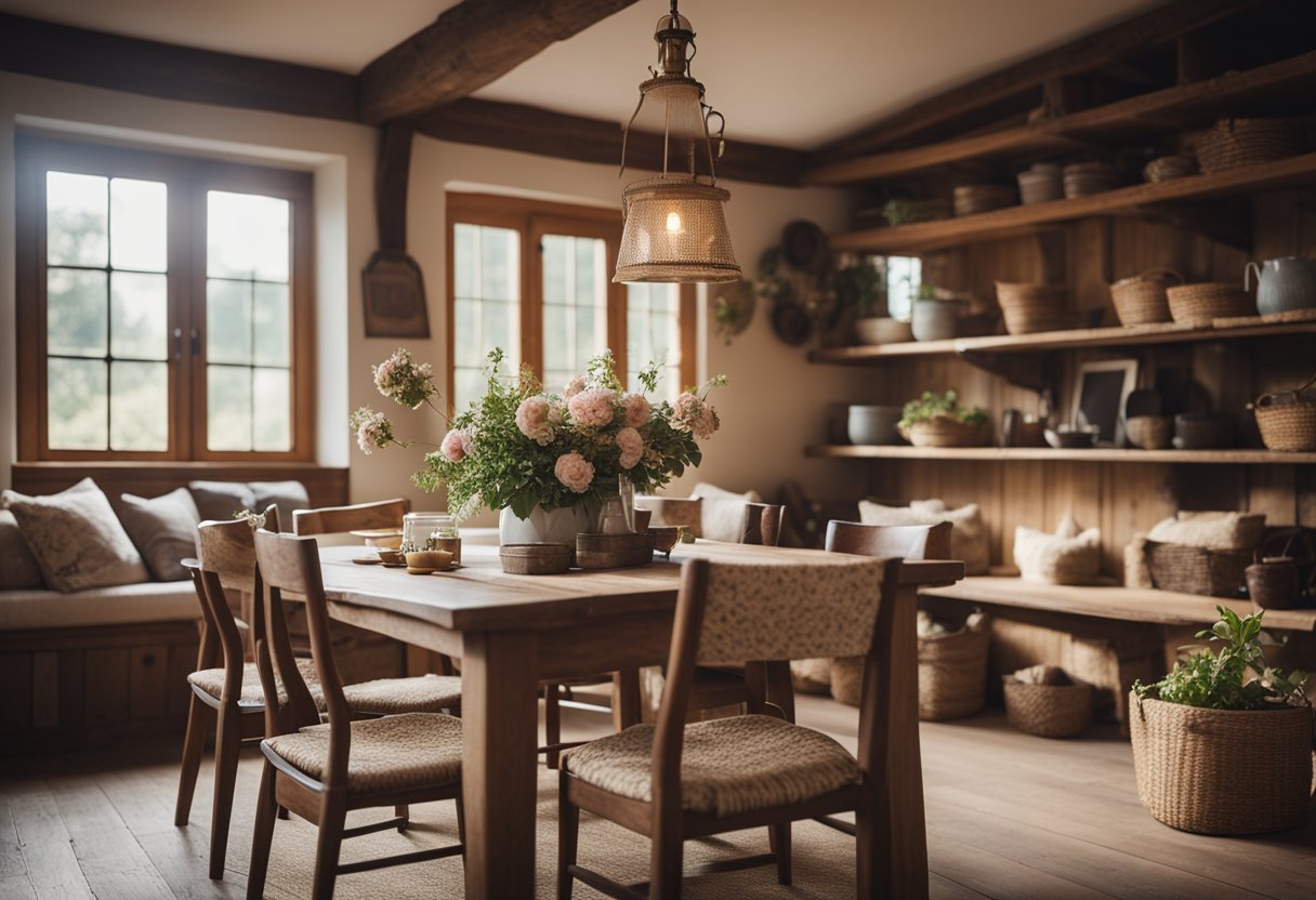 A cozy cottage interior with warm earth tones, soft floral fabrics, and rustic wooden furniture