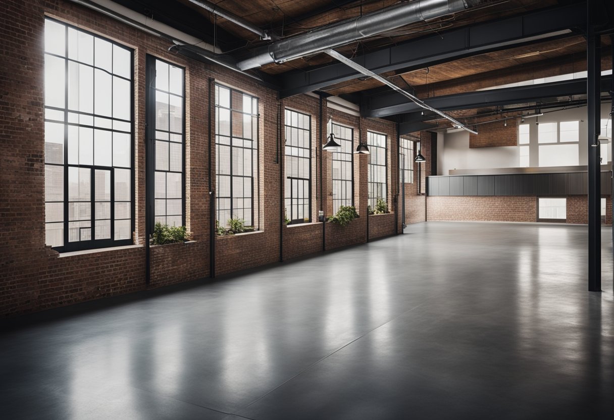 A spacious loft with exposed brick, metal beams, and concrete floors. Vintage industrial furniture and minimalist decor create a stylish, raw aesthetic