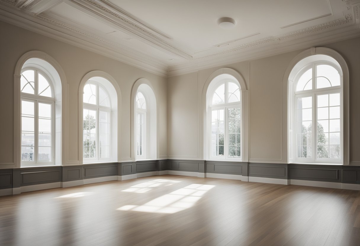A spacious, unfurnished room with neutral walls, hardwood floors, and large windows. The room is empty, providing a blank canvas for interior designers to work with