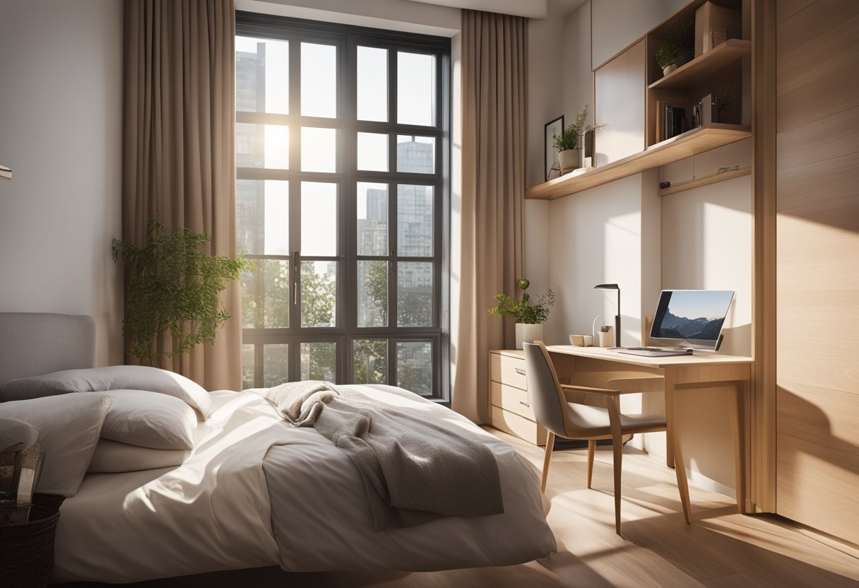 A cozy 9 square meter bedroom with a single bed, a small desk, a wardrobe, and a large window with sunlight streaming in