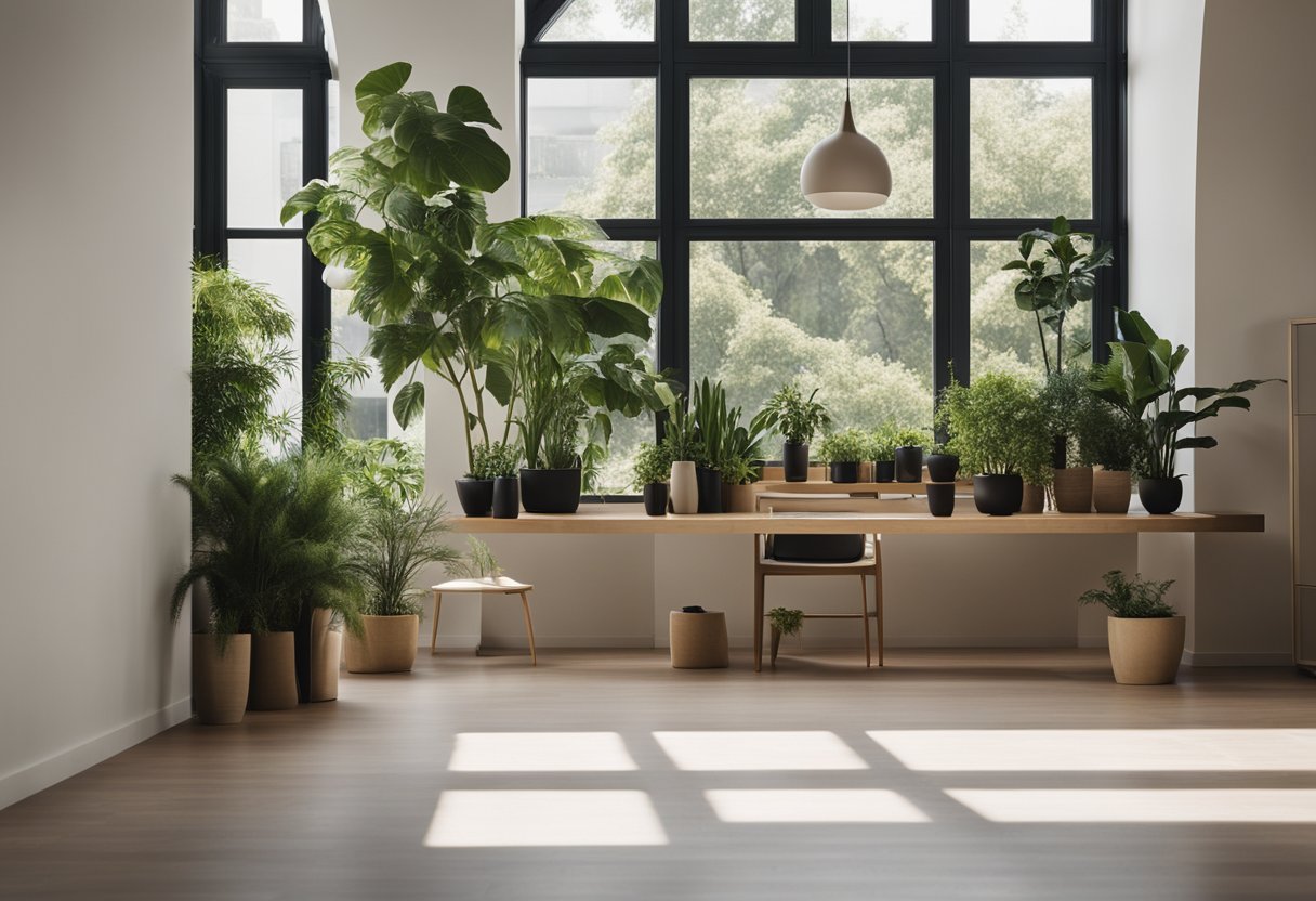 A room with clean lines, minimalist furniture, and neutral colors. A large window lets in natural light, and plants add a touch of greenery