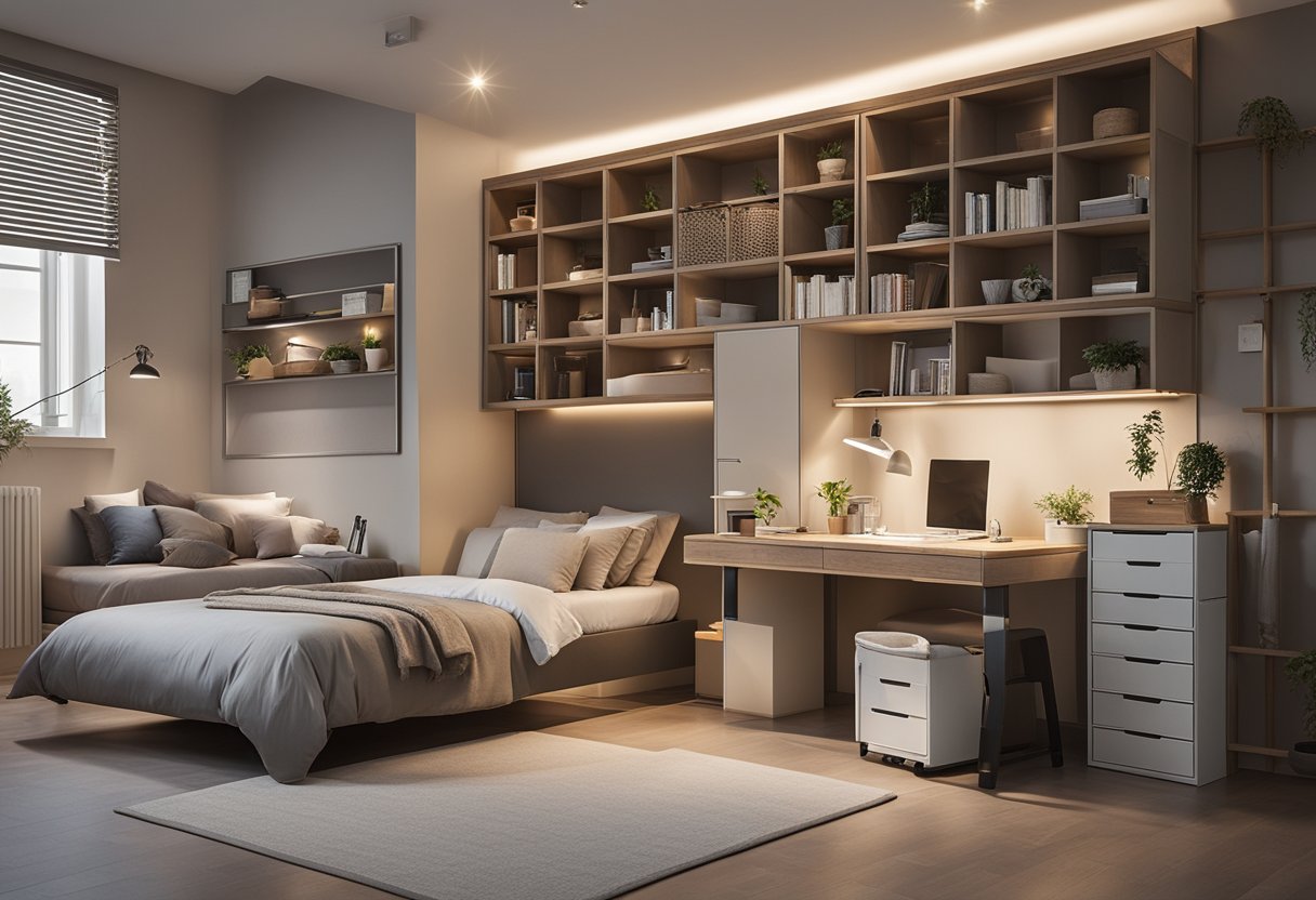 A cozy, clutter-free bedroom with a loft bed, wall-mounted desk, and hidden storage solutions. Soft lighting and neutral color scheme create a calm, inviting atmosphere