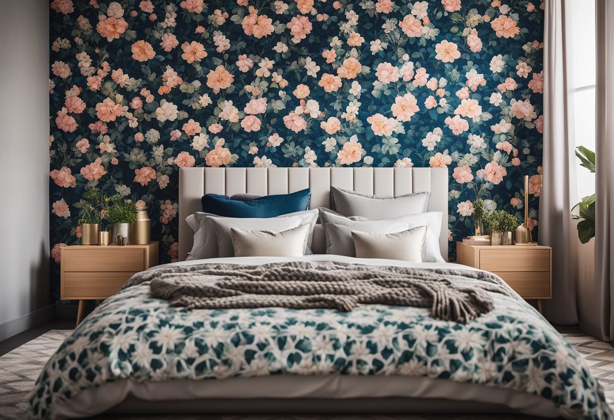 A bedroom with various trendy wallpaper patterns and textures, from bold geometric designs to delicate floral prints, creating a visually stimulating space