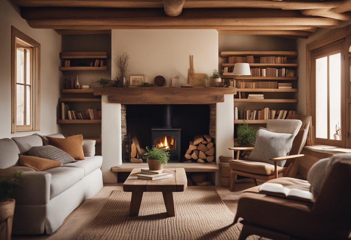 A cozy cottage interior with warm, earthy tones. A fireplace and comfortable seating area. Shelves filled with books and a small desk for writing. Rustic wooden beams and a soft, woven rug