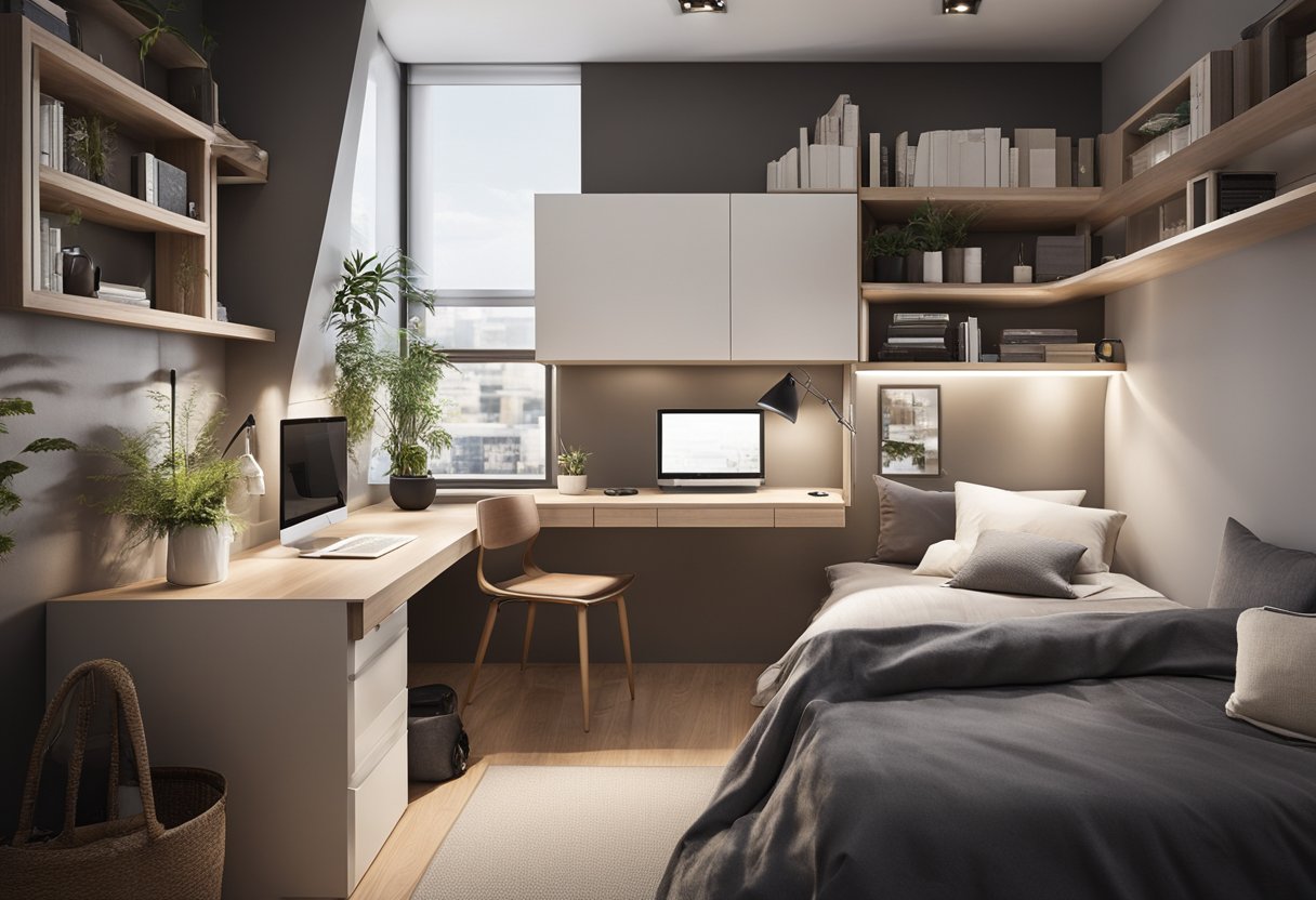 A compact 9 square meter bedroom with a lofted bed, built-in storage, and a fold-down desk for maximum space and function