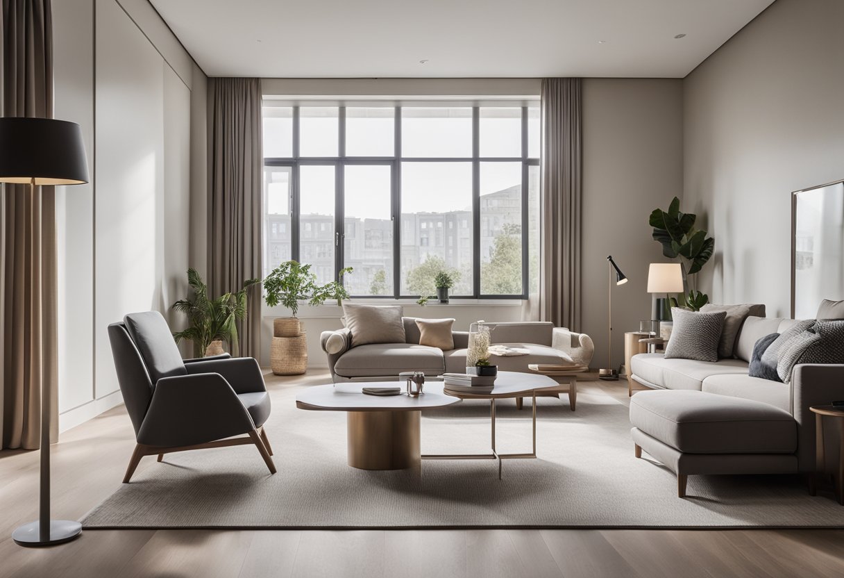 A room with modern furniture, clean lines, and neutral colors. Large windows let in natural light, showcasing the minimalist yet functional design