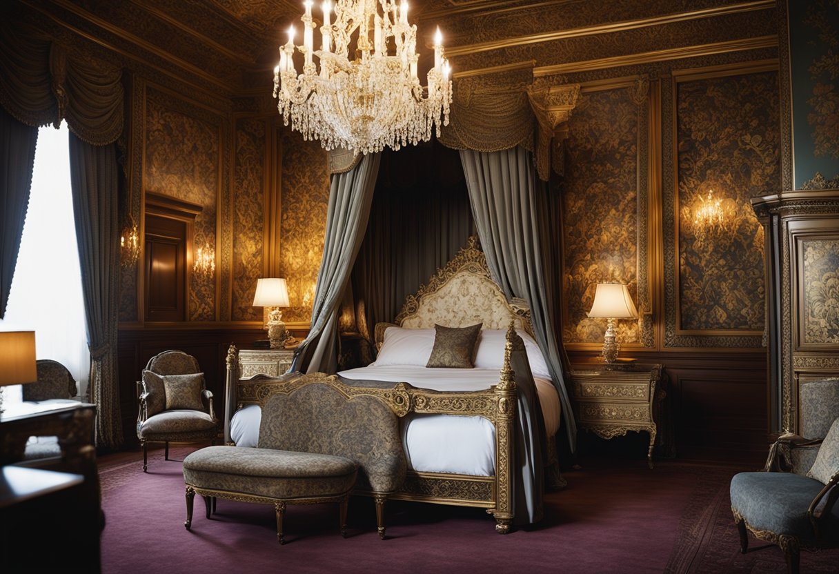 A grand Victorian bedroom with ornate furniture, rich tapestries, and a luxurious four-poster bed. The room is adorned with intricate wallpaper and elegant chandeliers, creating a sense of opulence and grandeur