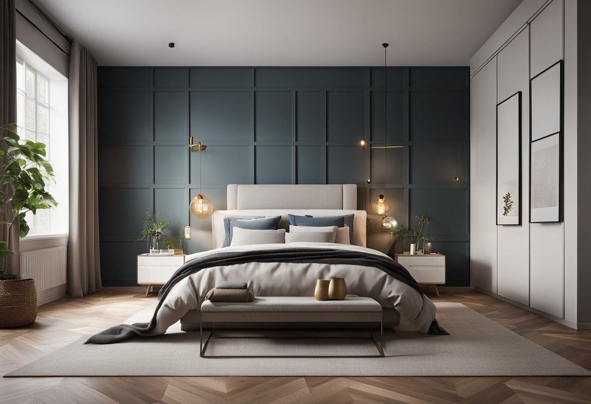 A cozy bedroom with modern furniture and a large blank wall. Various wallpaper samples are scattered on the floor as the homeowner considers different trendy designs
