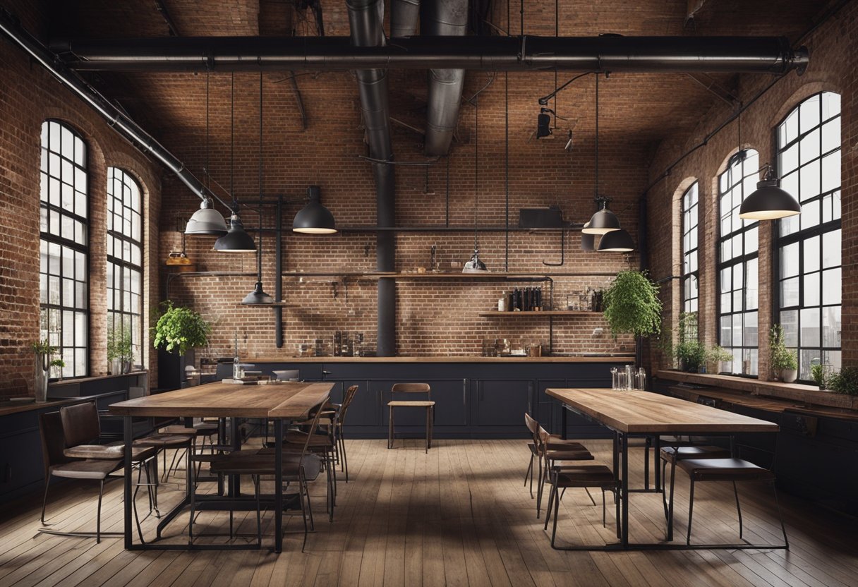 An industrial chic interior with exposed brick walls, metal piping, and distressed wood furniture. A mix of vintage and modern decor creates a stylish, urban atmosphere