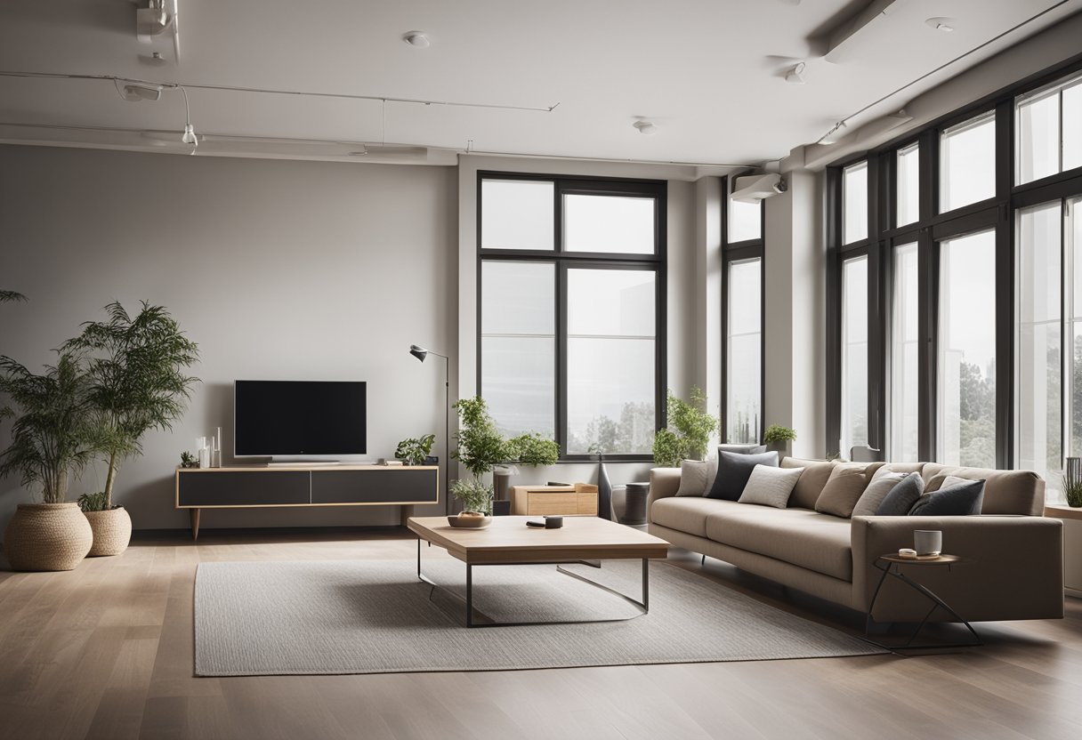An empty room with clean, modern furniture and neutral colors. A large window lets in natural light, creating a peaceful atmosphere