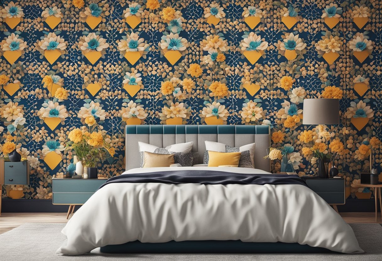 A bedroom with modern, eye-catching wallpaper designs. Bright colors, geometric patterns, and floral motifs create a trendy and stylish atmosphere