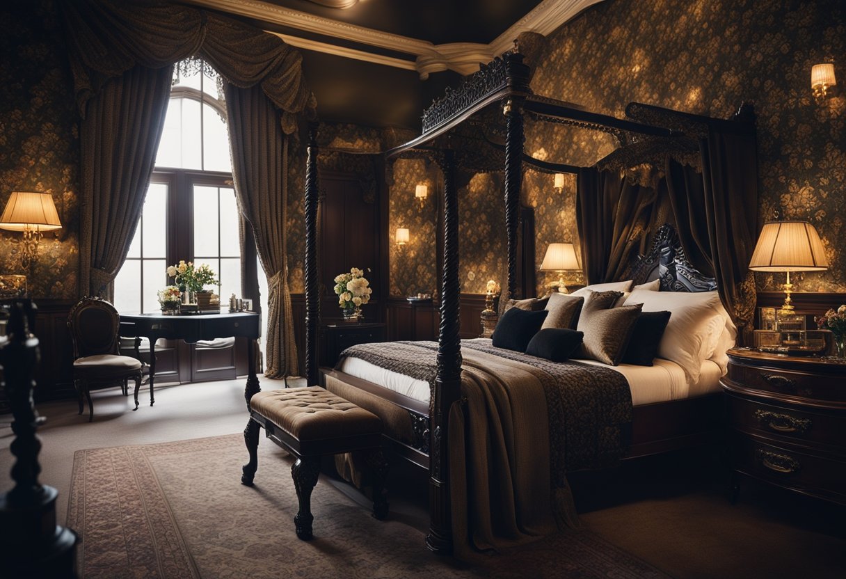 A Victorian bedroom with ornate furniture, floral wallpaper, and rich, dark colors. A four-poster bed with draped curtains, a vanity table with a large mirror, and intricate details throughout the room