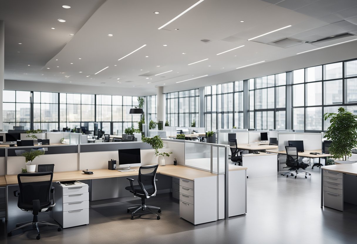 A clean, modern office space with a large, open floor plan. Sleek, minimalist furniture and plenty of natural light streaming in through large windows. A central area for customer service with clear signage and organized information displays