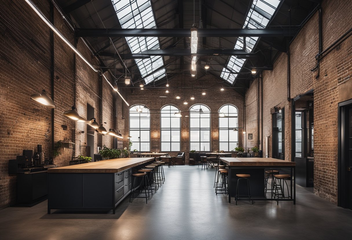 An open industrial space with exposed brick walls, metal beams, and concrete floors. Vintage furniture and modern lighting fixtures create a stylish and edgy atmosphere