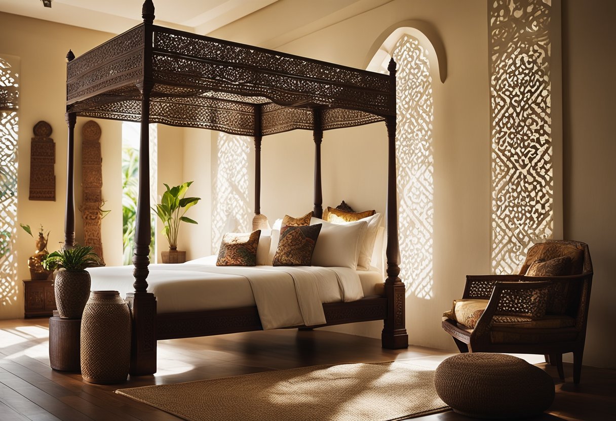 A spacious bedroom with traditional Balinese decor, featuring a canopy bed, intricately carved wooden furniture, and vibrant batik textiles. Sunlight streams in through sheer curtains, casting a warm glow on the room