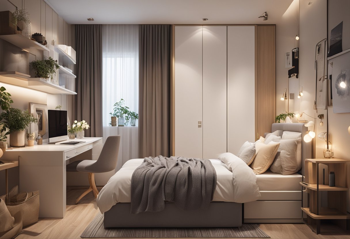 A cozy, well-organized 9 square meter bedroom with a built-in wardrobe, a small desk, a comfortable bed, and soft lighting
