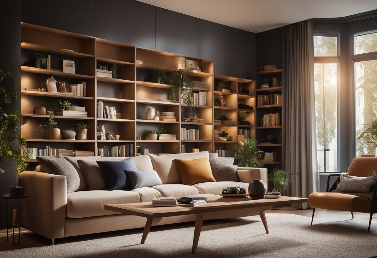 A cozy living room with a modern sofa, coffee table, and bookshelves. Soft lighting and warm colors create a welcoming atmosphere