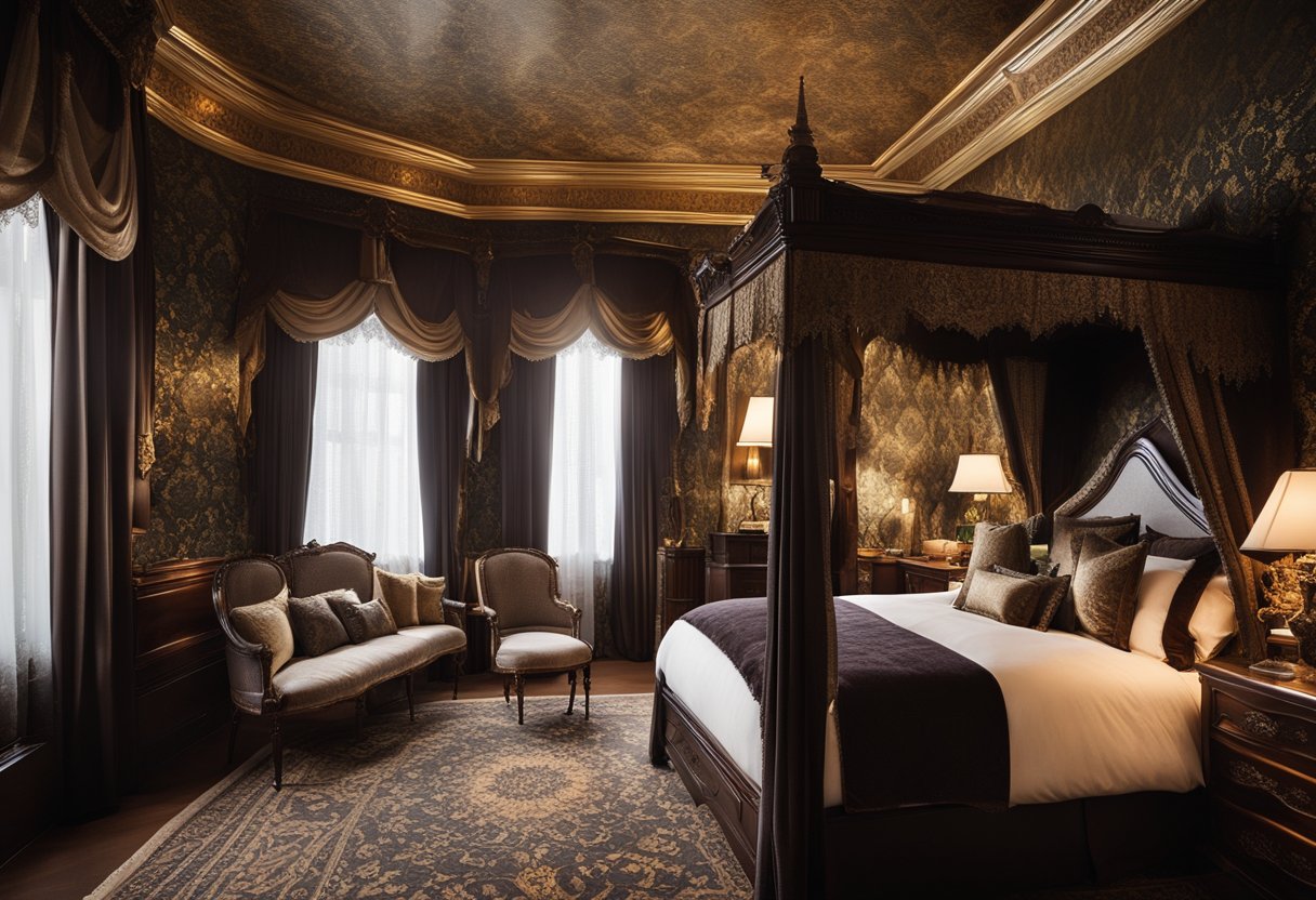 A cozy Victorian bedroom with rich, dark wood furniture, ornate wallpaper, and plush velvet curtains. A four-poster bed is adorned with lace and draped in luxurious fabrics, creating a personal retreat