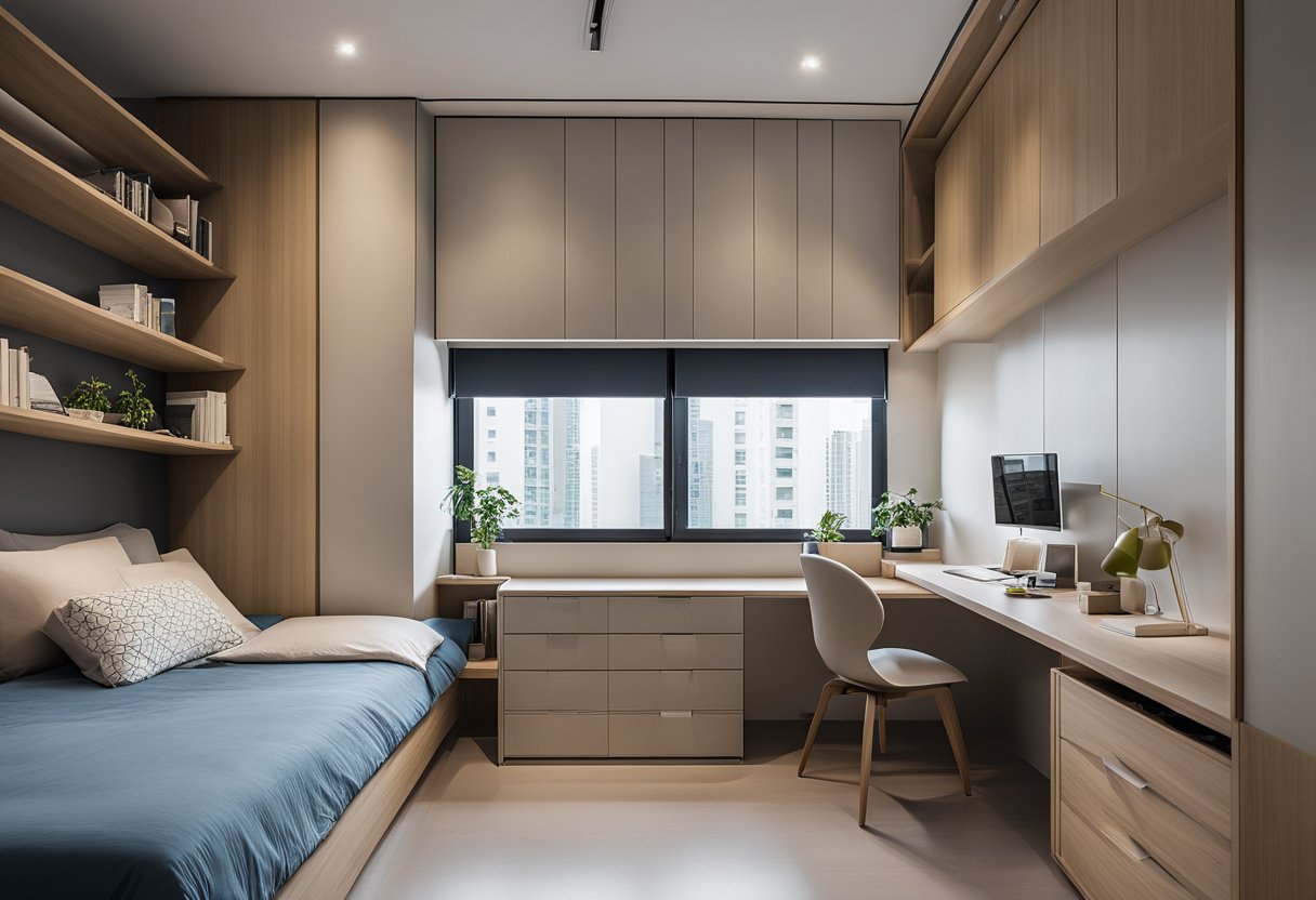 The 3-room HDB bedroom is cleverly designed with space-saving furniture, built-in storage, and a neutral color palette. The bed is positioned against the wall, with a foldable desk and wall-mounted shelves maximizing the available space