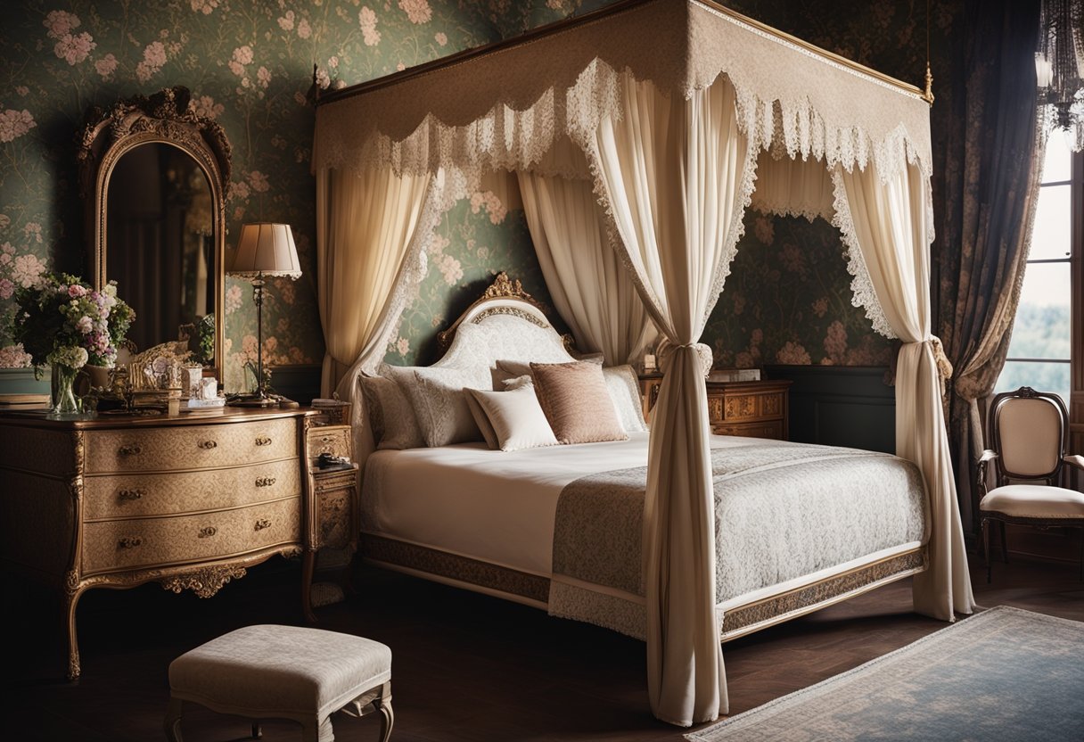 A cozy Victorian bedroom with ornate furniture, floral wallpaper, and lace curtains. A four-poster bed with a canopy and a vintage dressing table complete the elegant design