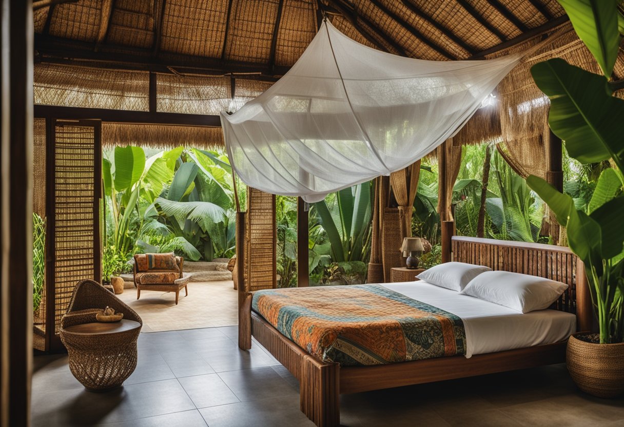 A cozy Bali bedroom with a thatched roof, bamboo furniture, and colorful batik textiles. A mosquito net hangs over the bed, while tropical plants add a touch of greenery