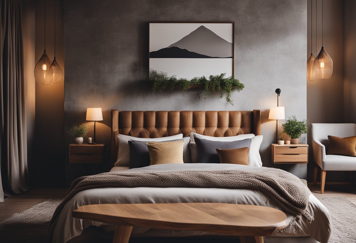 A cozy bedroom with wooden furniture, a stone fireplace, and earthy color palette. A large, plush bed with a knitted throw and soft, ambient lighting completes the rustic design