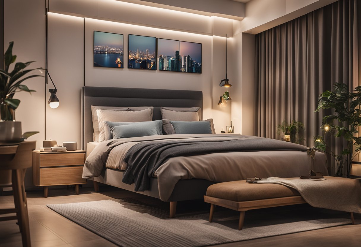 A cozy 3-room HDB bedroom with modern design aesthetics and personalized touches, featuring a stylish bed, custom artwork, and ambient lighting