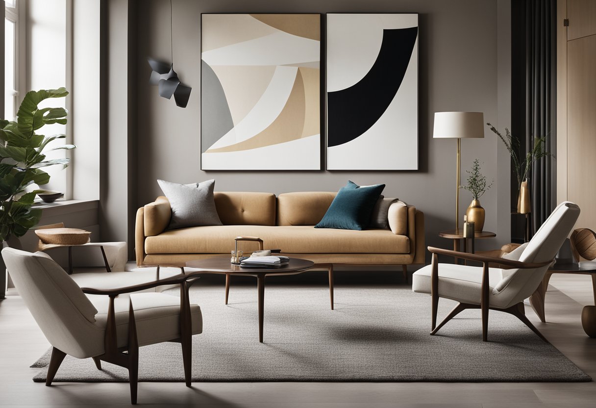 A sleek, minimalist living room with mid-century modern furniture, clean lines, and neutral colors. Abstract art and geometric patterns adorn the walls, creating a sophisticated and timeless atmosphere