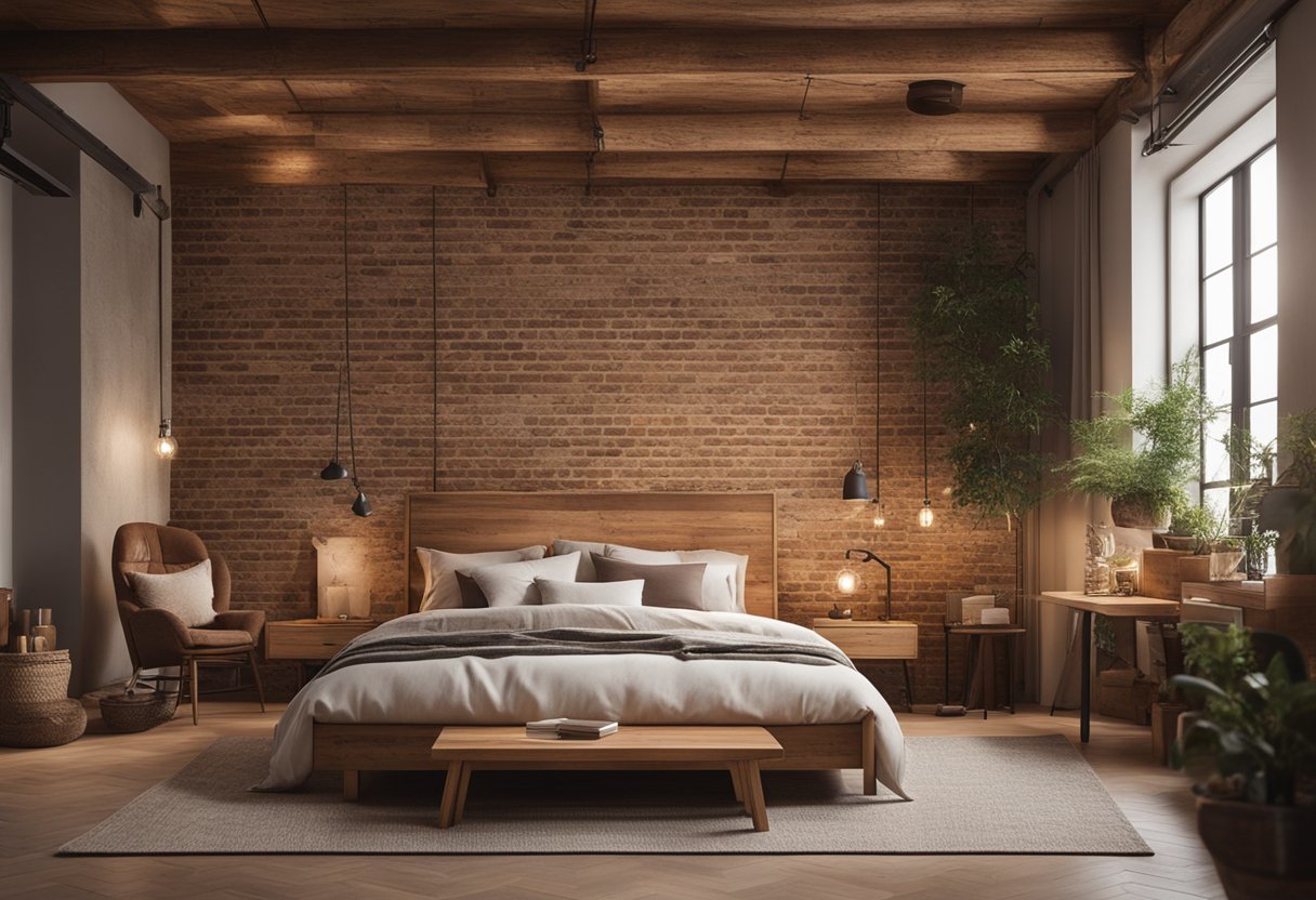 A cozy, rustic bedroom with wooden furniture, a warm color palette, and natural textures like exposed brick or stone walls