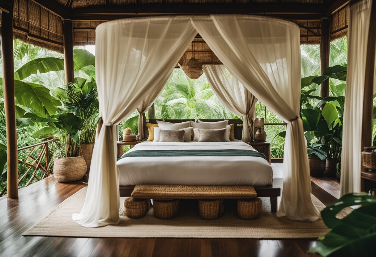 A tranquil Bali bedroom with a canopy bed, sheer curtains, rattan furniture, and lush tropical plants