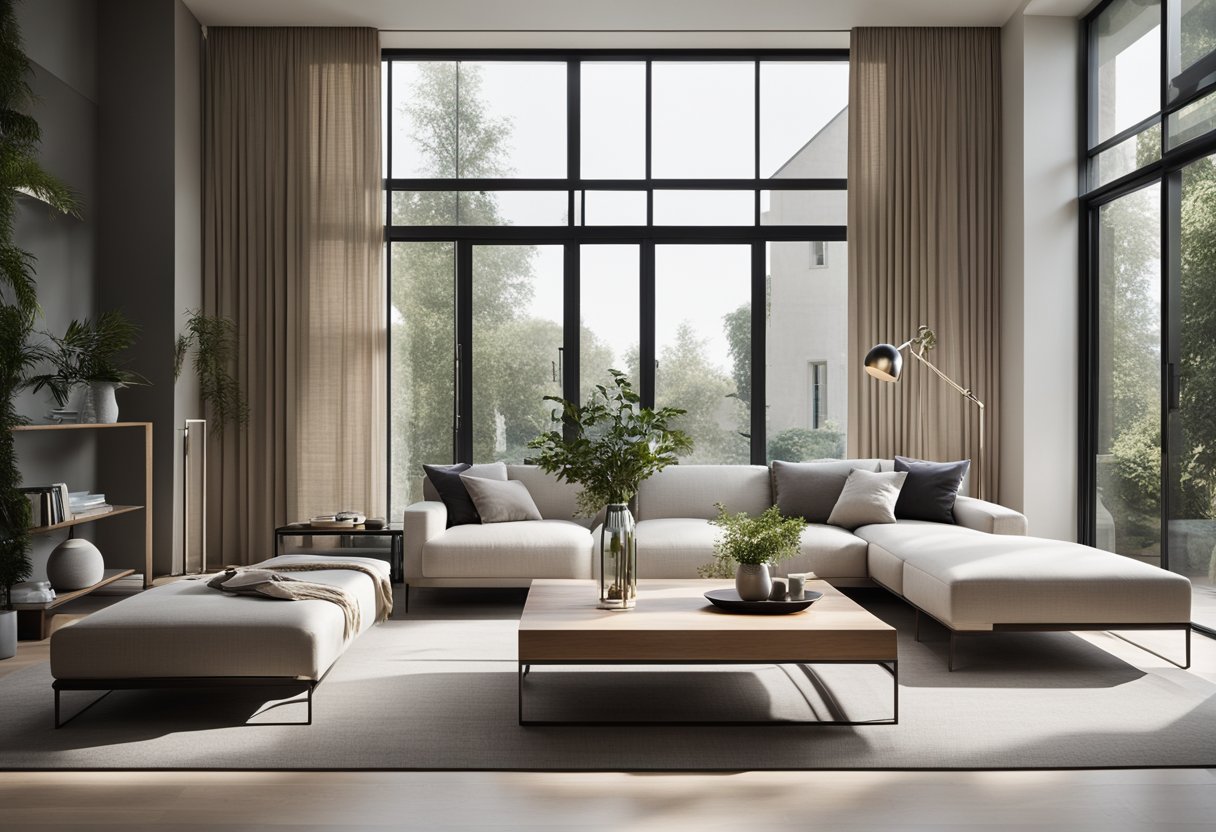 A modern living room with clean lines, minimalistic furniture, and neutral colors. A large window lets in natural light, highlighting the sleek, polished surfaces and open floor plan
