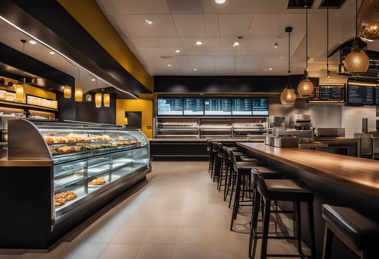 A modern fast food restaurant with sleek furniture, vibrant color schemes, and innovative lighting. Open kitchen design and digital menu boards create a dynamic atmosphere